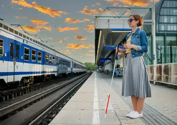 A vision impaired women standing at a rail station