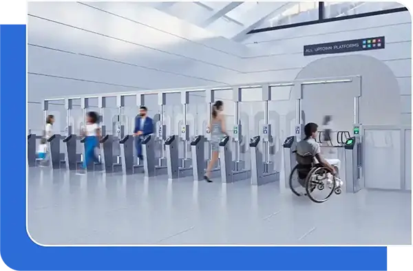 Person with wheelchair using Cubic's FEnX Fare Gate